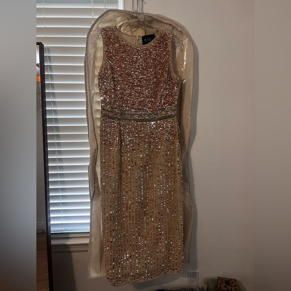 Mac Duggal Gold Sequin Sheath Midi Dress